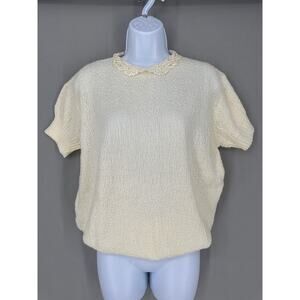 80s Vintage Top Womens Small Cream Knit Crochet Collar Lace Cottage Short Sleeve